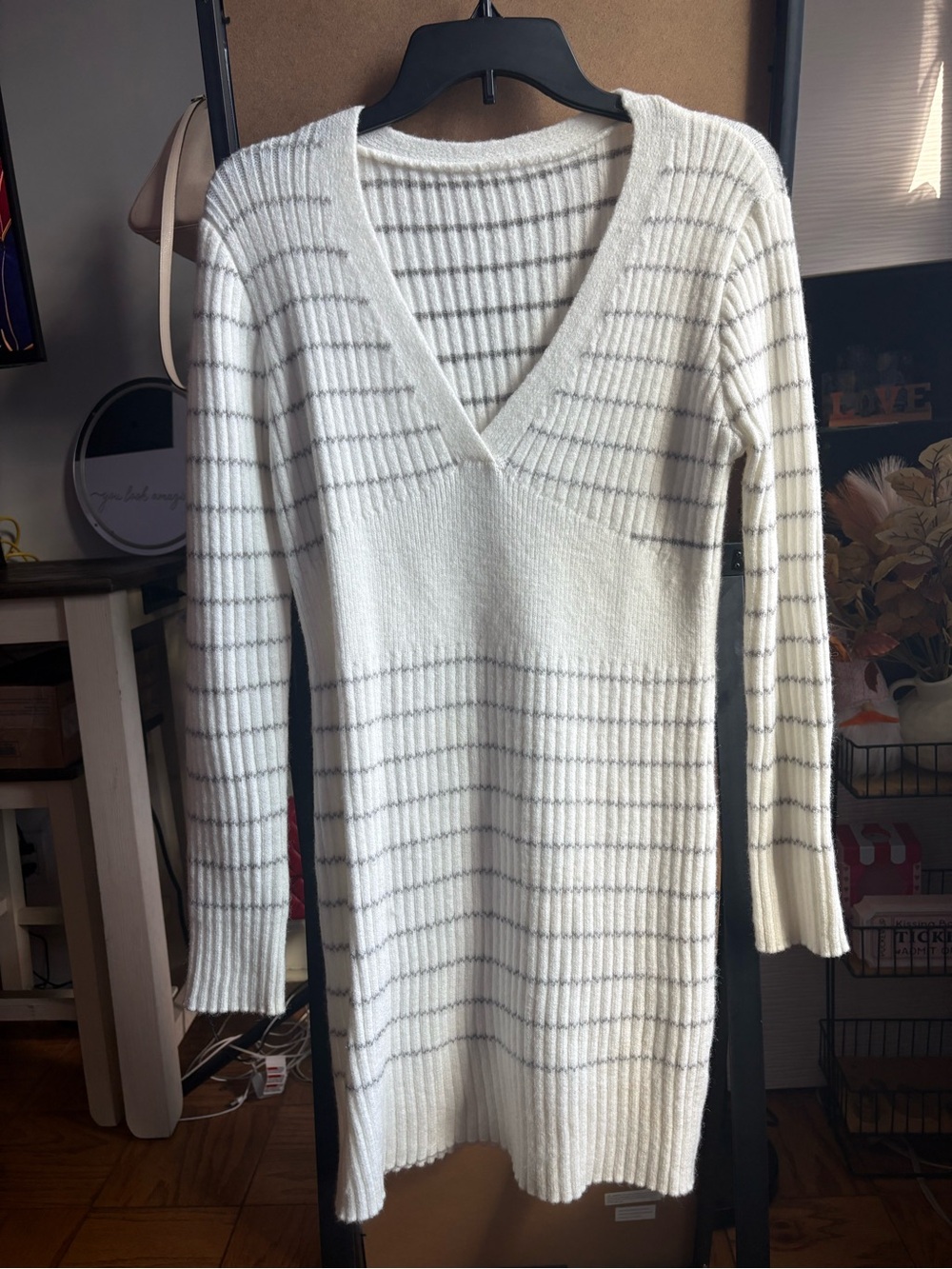 shein knitted dresses | | Shein Cream Vneck Longsleeve Knit Dress With Gray Stripes champagne coverup